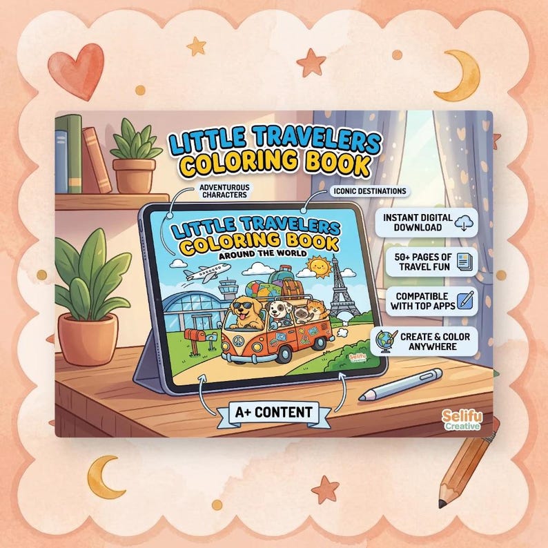 May include: A digital coloring book titled "Little Travelers Coloring Book" displayed on a tablet. The cover art features a cartoon van with dogs, luggage, and iconic landmarks. The image includes text such as "Adventurous Characters" and "Iconic Destinations."
