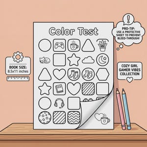 K&ouml;nnte beinhalten: Ein wei&szlig;es Blatt f&uuml;r einen Farbtest mit dem Text Color Test, das ein Raster aus verschiedenen Formen und Symbolen wie einer Katze, einer Kaffeetasse und einem Gamecontroller zeigt. Das Blatt misst 21,59x27,94 cm und enth&auml;lt zwei Buntstifte.
