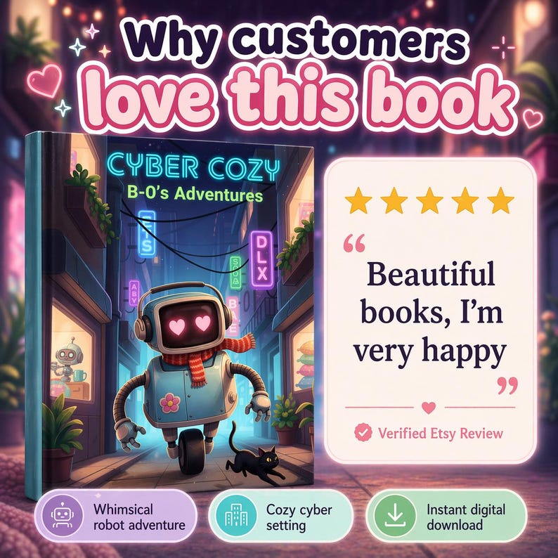 May include: A book cover titled "CYBER COZY B-O's Adventures" features a blue robot with heart-shaped eyes, a red scarf, and a black cat. The background shows a neon-lit city street. Text reads "Why customers love this book."