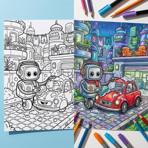 Detailed coloring page featuring a domestic robot making digital coffee in a futuristic kitchen clean thick lines for procreate