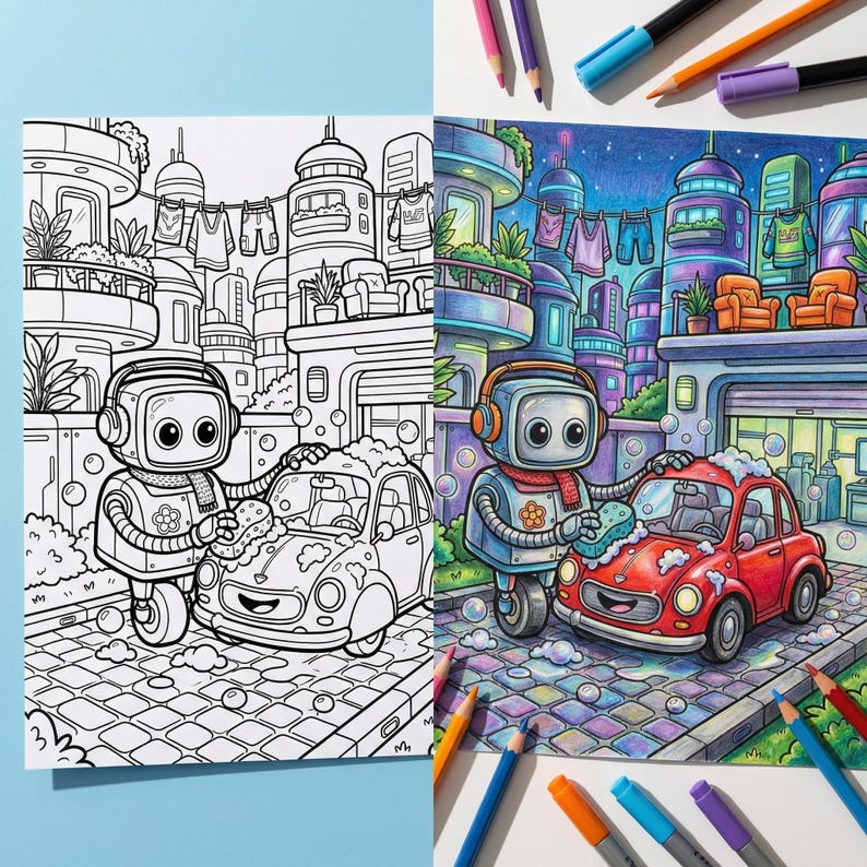 Detailed coloring page featuring a domestic robot making digital coffee in a futuristic kitchen clean thick lines for procreate