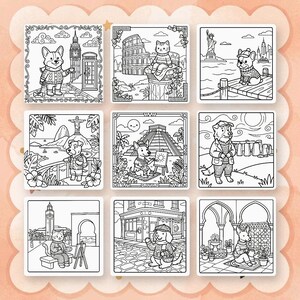 May include: Nine square coloring pages featuring animals in various world locations. The illustrations include a corgi in London, a cat in Rome, and a dog in New York City. Other scenes include Rio de Janeiro, a Mayan pyramid, and Stonehenge.