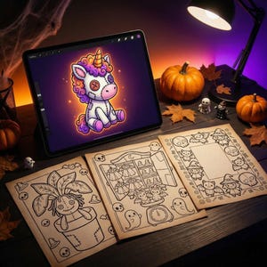 May include: A digital illustration of a cartoon unicorn with button eyes and a stitched appearance is displayed on a tablet. Three Halloween-themed coloring pages are in front of the tablet, along with pumpkins and decorative figures.