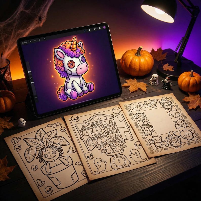 May include: A digital illustration of a cartoon unicorn with button eyes and a stitched appearance is displayed on a tablet. Three Halloween-themed coloring pages are in front of the tablet, along with pumpkins and decorative figures.