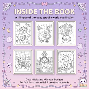 Pu&ograve; includere: Un libro da colorare con il testo "INSIDE THE BOOK" e "A glimpse of the cozy spooky world you'll color." Il libro presenta sei illustrazioni in bianco e nero di personaggi spettrali e carini, tra cui un unicorno, un fantasma e un gatto. Il testo in basso recita "Cute &bull; Relaxing &bull; Unique Designs."