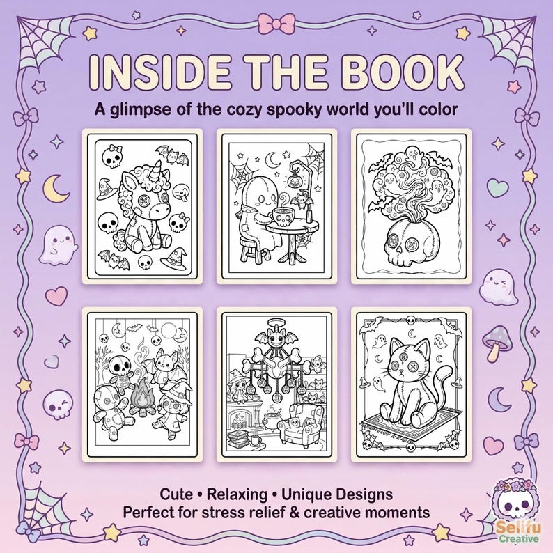 Pu&ograve; includere: Un libro da colorare con il testo "INSIDE THE BOOK" e "A glimpse of the cozy spooky world you'll color." Il libro presenta sei illustrazioni in bianco e nero di personaggi spettrali e carini, tra cui un unicorno, un fantasma e un gatto. Il testo in basso recita "Cute &bull; Relaxing &bull; Unique Designs."
