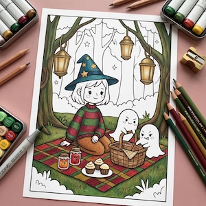 May include: A whimsical illustration of a picnic scene with a witch character wearing a blue hat with stars, a red and green striped sweater, and brown pants. Two friendly ghosts and a picnic basket are on a red and green checkered blanket. Lanterns hang from the trees.