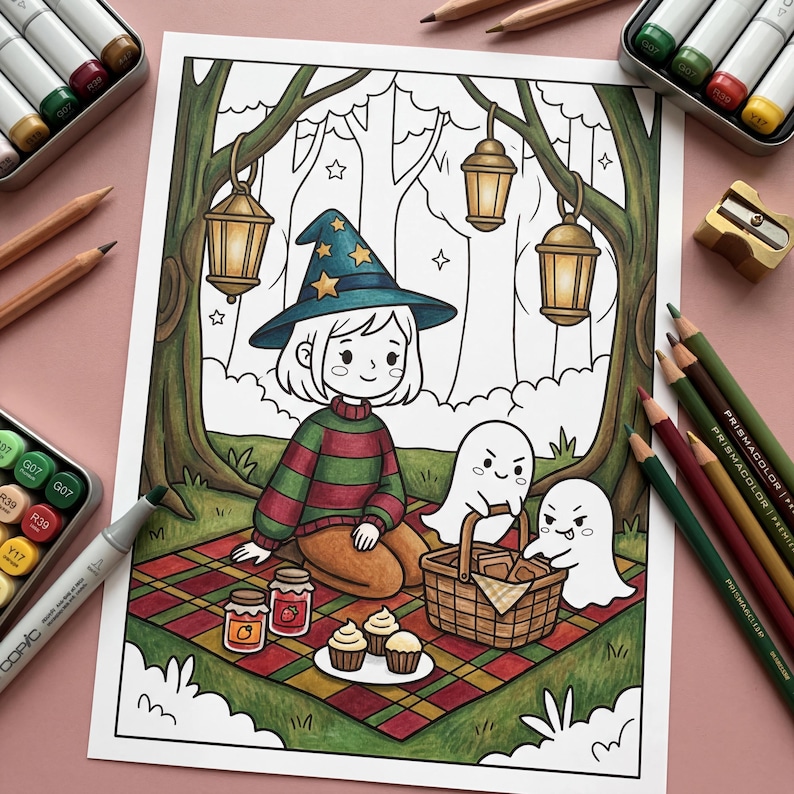 May include: A whimsical illustration of a picnic scene with a witch character wearing a blue hat with stars, a red and green striped sweater, and brown pants. Two friendly ghosts and a picnic basket are on a red and green checkered blanket. Lanterns hang from the trees.