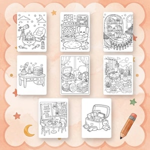 Puede incluir: Una colecci&oacute;n de ocho p&aacute;ginas para colorear en blanco y negro con arte lineal que muestra escenas acogedoras con objetos antropom&oacute;rficos, incluyendo un telescopio, chimenea, hamaca, escritorio, tocadiscos, jard&iacute;n, caf&eacute; y una caja de regalo, junto a un l&aacute;piz de madera.