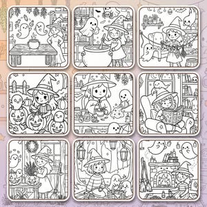 Black and white line art coloring page showing a cozy spooky herbalist room with potion bottles, plants, and a cute floating ghost