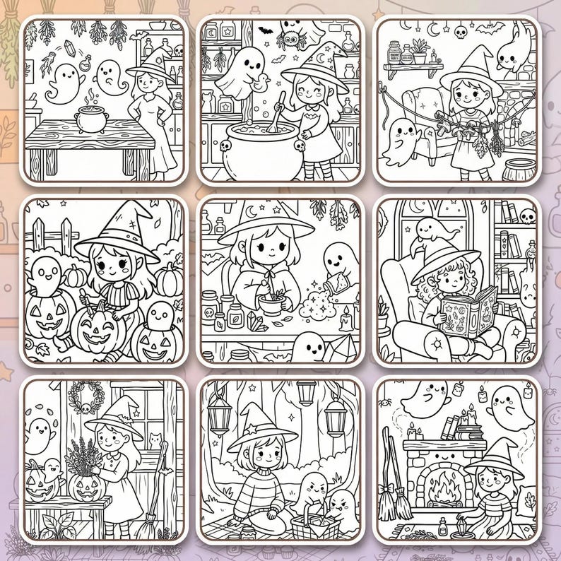 Black and white line art coloring page showing a cozy spooky herbalist room with potion bottles, plants, and a cute floating ghost