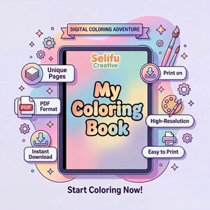 May include: Digital coloring book advertisement. A tablet displays "My Coloring Book" with colorful text. Icons indicate unique pages, PDF format, instant download, print options, and high-resolution. The background is a soft gradient of pink, purple, and blue.