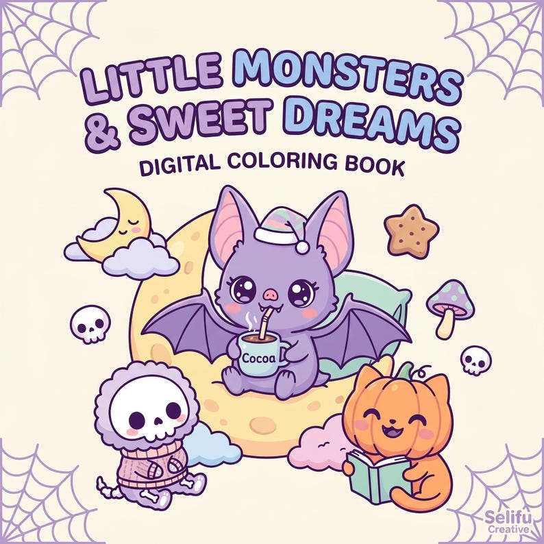 May include: Digital colouring book cover titled "Little Monsters & Sweet Dreams." The illustration shows a purple bat drinking cocoa, a skeleton, and a pumpkin reading a book, all in a whimsical style.