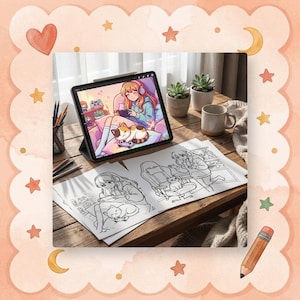 Mockup of hands coloring a 'Cozy Girl Gamer Vibes' page with markers, showcasing the stress relief aspect of the printable PDF.
