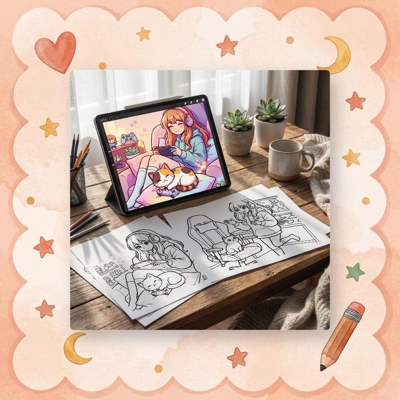 Mockup of hands coloring a 'Cozy Girl Gamer Vibes' page with markers, showcasing the stress relief aspect of the printable PDF.