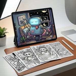 Digital coloring process on a tablet showing a soft cyberpunk robot illustration being colored with vibrant digital markers