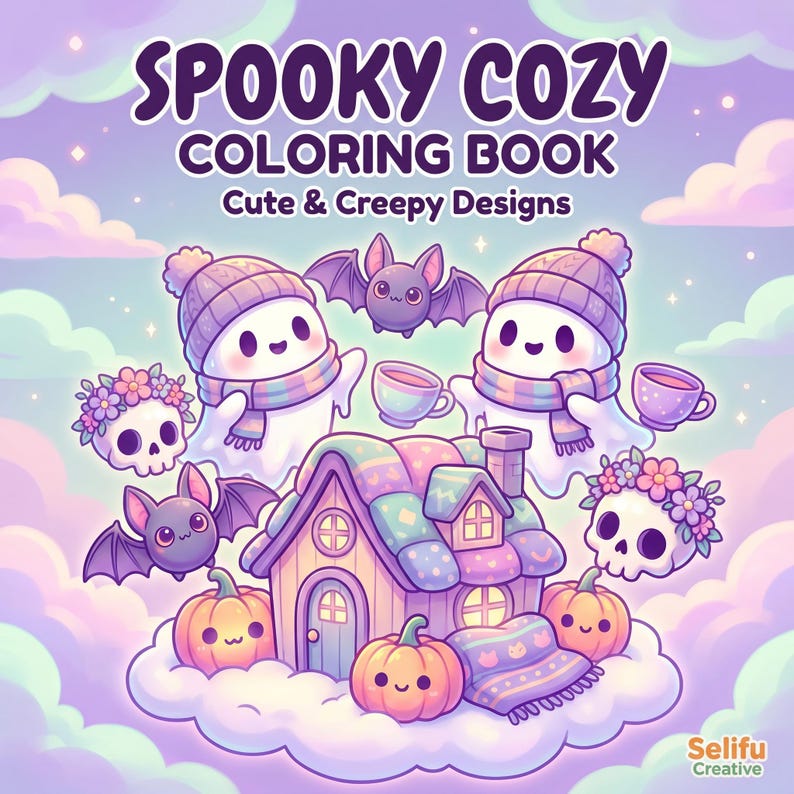 Puede incluir: Portada de un libro para colorear con el t&iacute;tulo "Spooky Cozy Coloring Book" y el subt&iacute;tulo "Cute & Creepy Designs". La imagen presenta fantasmas de dibujos animados, murci&eacute;lagos, calabazas, una casa y calaveras, todo en colores pastel. El tema general es Halloween.