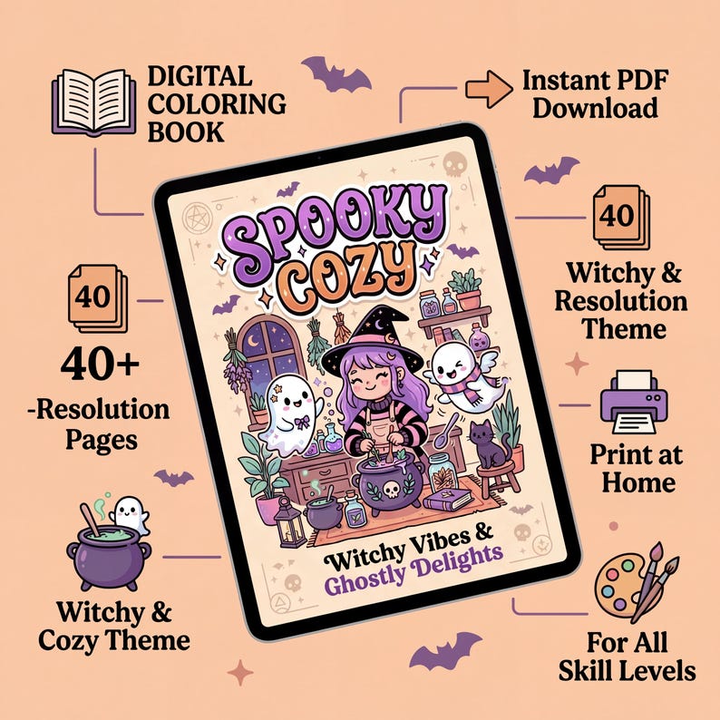 May include: A digital coloring book with a "Spooky Cozy" theme, featuring a witch, ghosts, and a black cat. The image includes the text "Witchy Vibes & Ghostly Delights", "40+ Resolution Pages", and "For All Skill Levels".