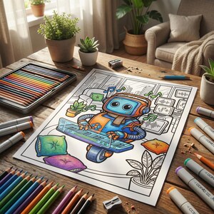 May include: A coloring book page featuring a robot playing a keyboard, surrounded by colored pencils, markers, and a tin of crayons. The robot is colored in shades of blue, orange, and brown. The scene is set on a wooden table.