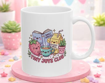 Tiny Joys Club Ceramic Mug, Kawaii Strawberry Coffee Cup, Pastel Drinkware