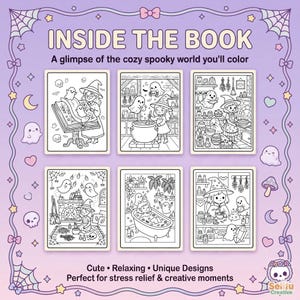 Pu&ograve; includere: Un libro da colorare con il testo "INSIDE THE BOOK" e illustrazioni di streghe e fantasmi. Le illustrazioni sono disegni a tratto in bianco e nero. &Egrave; presente anche il testo "Cute &bull; Relaxing &bull; Unique Designs".
