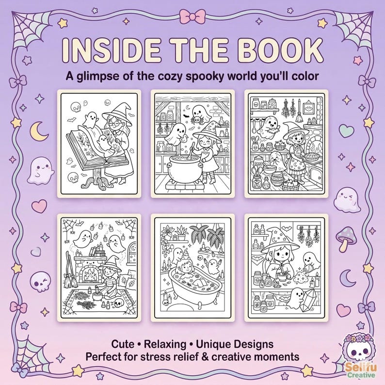 Pu&ograve; includere: Un libro da colorare con il testo "INSIDE THE BOOK" e illustrazioni di streghe e fantasmi. Le illustrazioni sono disegni a tratto in bianco e nero. &Egrave; presente anche il testo "Cute &bull; Relaxing &bull; Unique Designs".
