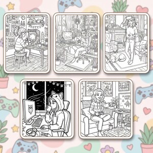 May include: A collection of five black and white coloring pages featuring scenes of people gaming. The pages depict individuals using computers, playing video games, and wearing VR headsets. Each scene is set in a different environment.