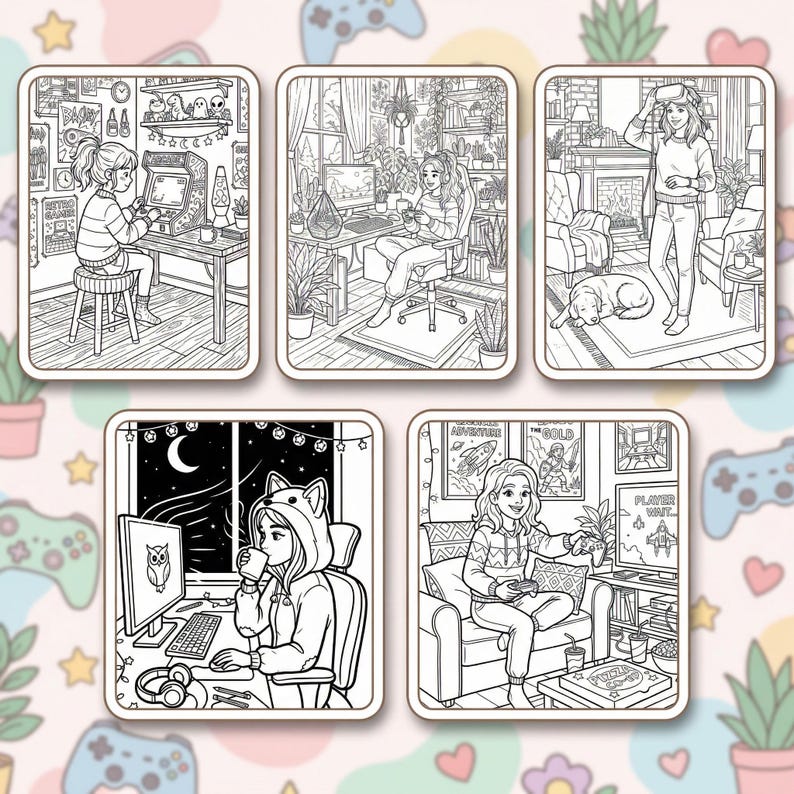 May include: A collection of five black and white coloring pages featuring scenes of people gaming. The pages depict individuals using computers, playing video games, and wearing VR headsets. Each scene is set in a different environment.
