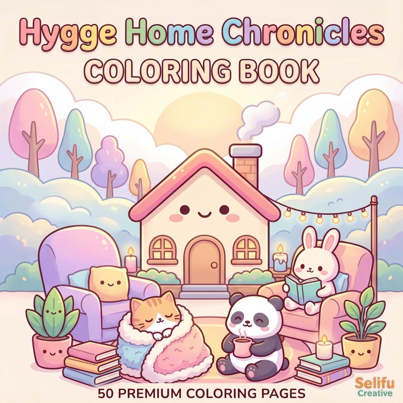 以下が含まれることがあります： 「Hygge Home Chronicles」というタイトルの塗り絵本の表紙のカラフルなイラスト。笑顔の窓と煙突のある居心地の良い家、漫画の動物、植物、そして「50 Premium Coloring Pages」というテキストが描かれています。