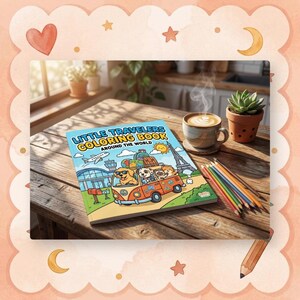 May include: A coloring book titled "Little Travelers Coloring Book Around the World" featuring cartoon dogs in a van, an airport, and the Eiffel Tower. Colored pencils and a cup of coffee sit nearby on a wooden table.