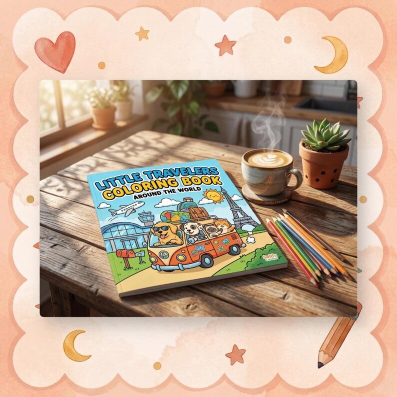 May include: A coloring book titled "Little Travelers Coloring Book Around the World" featuring cartoon dogs in a van, an airport, and the Eiffel Tower. Colored pencils and a cup of coffee sit nearby on a wooden table.