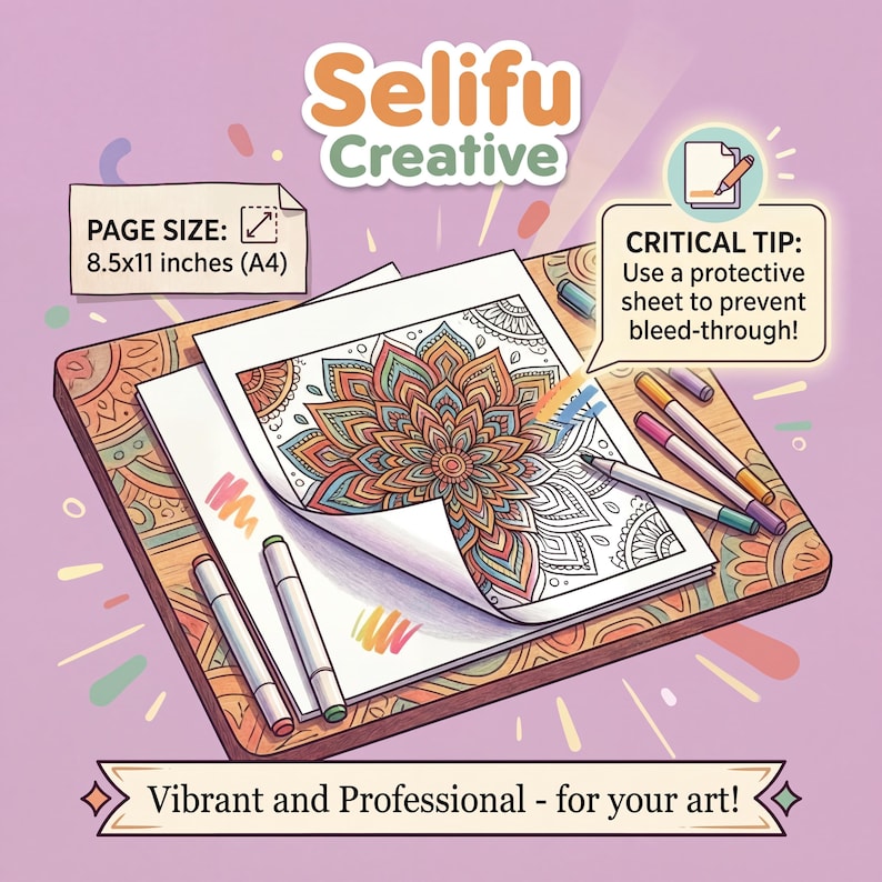 May include: A coloring page with a floral mandala design is shown on a wooden surface, with colored markers and the text "Selifu Creative." The page size is 8.5x11 inches. The text "Vibrant and Professional - for your art!" is also visible.