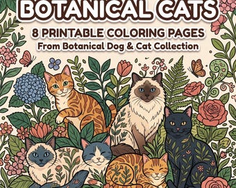 Botanische Katze Malvorlagen PDF | Blumen Kätzchen druckbare | Katzenliebhaber entspannende Linie Kunst