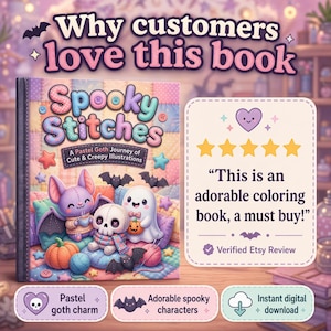 Puede incluir: Un libro para colorear titulado Spooky Stitches con un fondo de edred&oacute;n pastel, un murci&eacute;lago, una calavera y un fantasma. Un cuadro de texto muestra una calificaci&oacute;n de cinco estrellas y una rese&ntilde;a que dice, This is an adorable coloring book, a must buy!