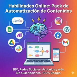 May include: A digital marketing graphic with a brain illustration connected to social media icons, a laptop, and a smartphone. Text includes "Habilidades Online" and "SEO, Redes Sociales, Artículos y más."