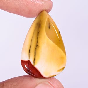 May include: A teardrop-shaped polished gemstone featuring a smooth surface with a colour palette of mustard yellow, creamy white, and deep maroon. The stone displays distinct dark brown dendritic inclusions that create thin, branching patterns.
