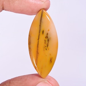 May include: A polished, marquise-shaped gemstone with a smooth, glossy surface. The stone features a warm, golden-yellow base color with distinct, dark brown, linear, and dendritic inclusions running vertically through the center and side.