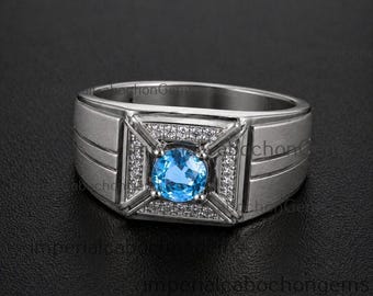 Luksusowy męski pierścień z niebieskim topazem ze srebra próby 925 z topazem, wyrazisty, męski pierścionek