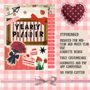 May include: A digital yearly planner interface featuring a gold-framed title, monthly tabs from January to December, and decorative elements including a red heart, a bouquet of red roses, cake slices, tulips, a ladybug, and a paper airplane.