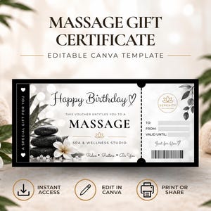 Black Massage Gift Certificate Template, Editable Canva Massage Therapy Voucher (Instant Digital Download)