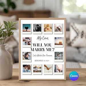 Vorlage für eine Fotocollage zum Heiratsantrag, Schild für den Heiratsantrag, bearbeitbares Canva-Poster für den Antrag, personalisiertes Verlobungsgeschenk