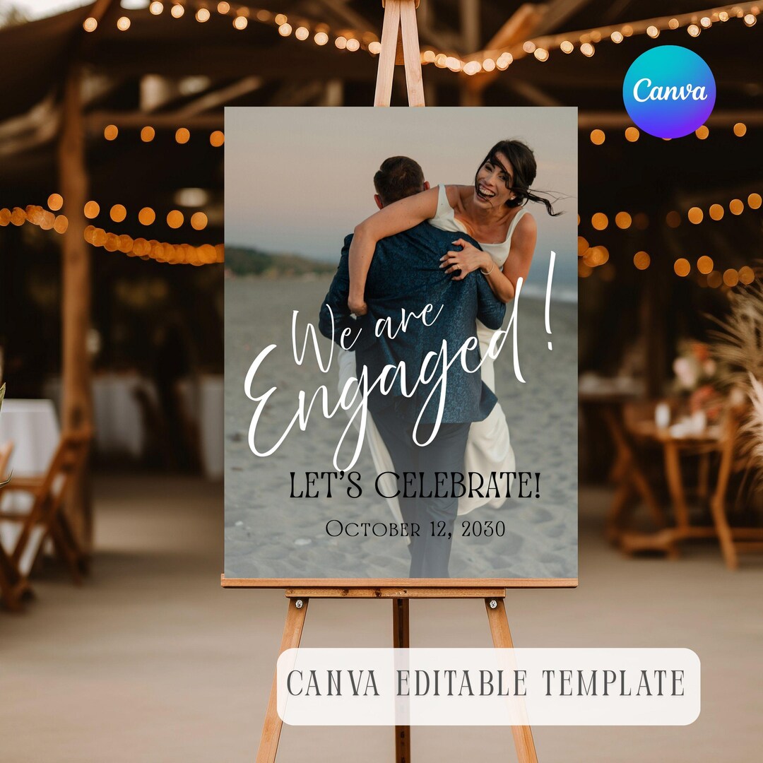 Engaged Sign On String We’re Engaged Welcome Sign, Engagement Party Sign Template, Editable ...