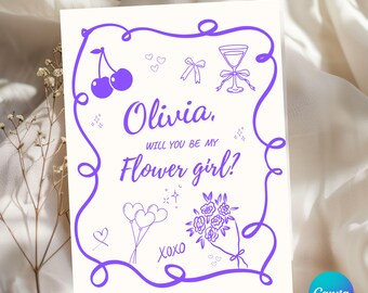 Könnte beinhalten: Eine weiße Karte mit lila Illustrationen und Text. Der Text lautet "Olivia, WILL YOU BE MY Flower girl?" mit dekorativen Elementen wie Kirschen, Herzen, Schleifen und einem Blumenstrauß. Die Karte ist für eine Hochzeit.