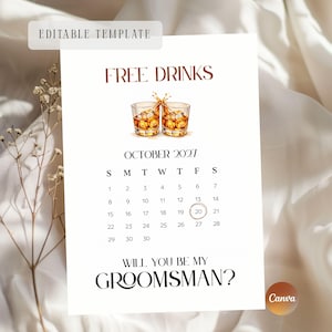 May include: A white invitation card with the text "FREE DRINKS" and "WILL YOU BE MY GROOMSMAN?" in brown and black fonts. The card features a calendar for October 2027, with the 20th circled. Two watercolor glasses of whiskey are also depicted.