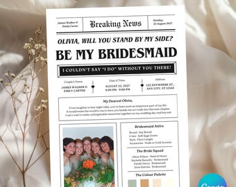 Newspaper Bridesmaid Proposal Template, Will You Be My Bridesmaid Card, Wedding Newspaper Invite, Bridesmaid Proposal, Editable Canva