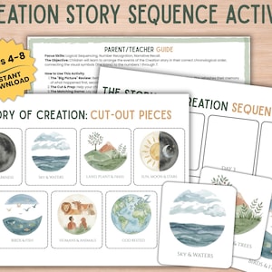 May include: A Creation Story Sequence Activity set for ages 4-8. The set includes cut-out pieces, a sequence map, and a parent/teacher guide. The illustrations depict scenes from the creation story, including light and darkness, sky and waters, and humans and animals.