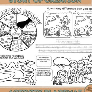 May include: Black and white activity placemat featuring the text "Story of Creation" and "Activity Placemat". The placemat includes a maze, a "spot the difference" game, and illustrations of the creation story.