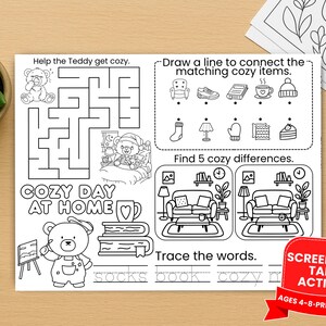 May include: A black and white printable activity sheet with a cozy day theme. The sheet includes a maze, matching games, and tracing exercises. Text includes "Cozy Day at Home" and "Screen-Free Table Activity". A crayon and a small potted plant are in the image.