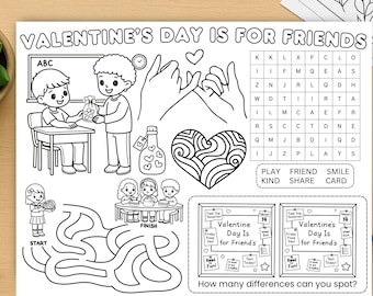Valentine’s Day Is for Friends Activity Placemat - Kids Coloring Printable Mat