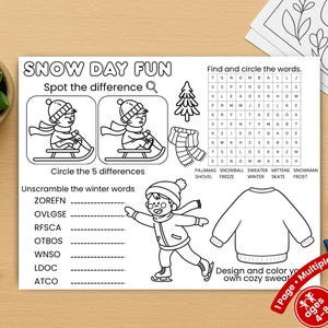 Kids Activity Placemat: Snow Day Winter Table Activity, Screen-Free Printables